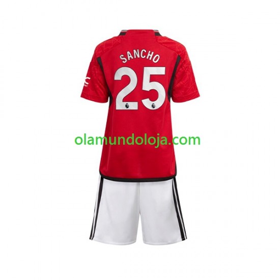 Camisola Manchester United Sancho 25 Criança Equipamento Primeiro 2023-2024 Manga Curta